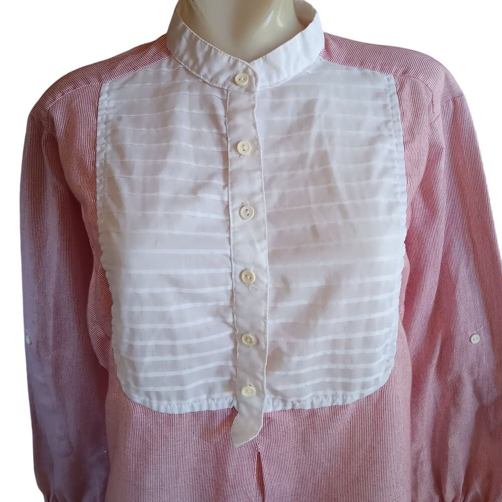 Vintage Women's Blouse Large Fritzi Pink Striped Bib Front 1970's True Boho